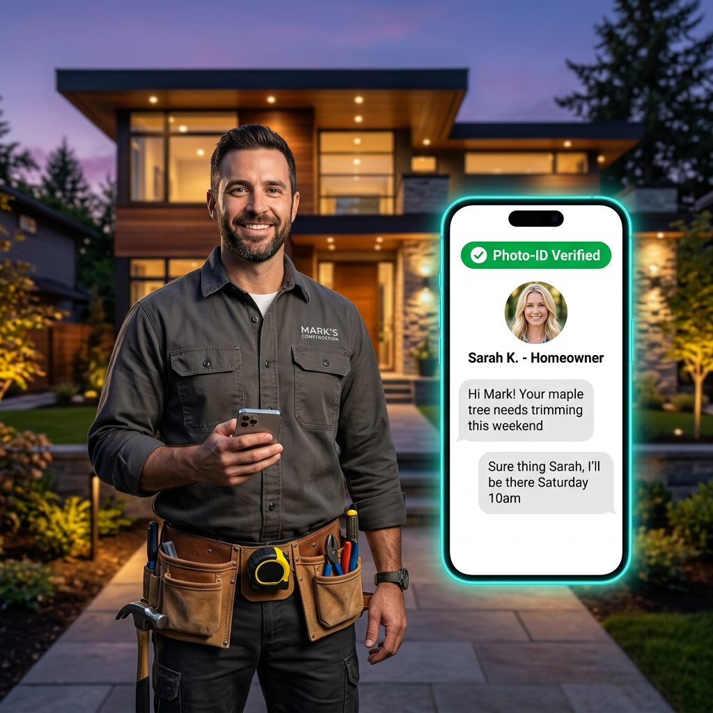 General contractor with a floating phone showing photo-ID verified client