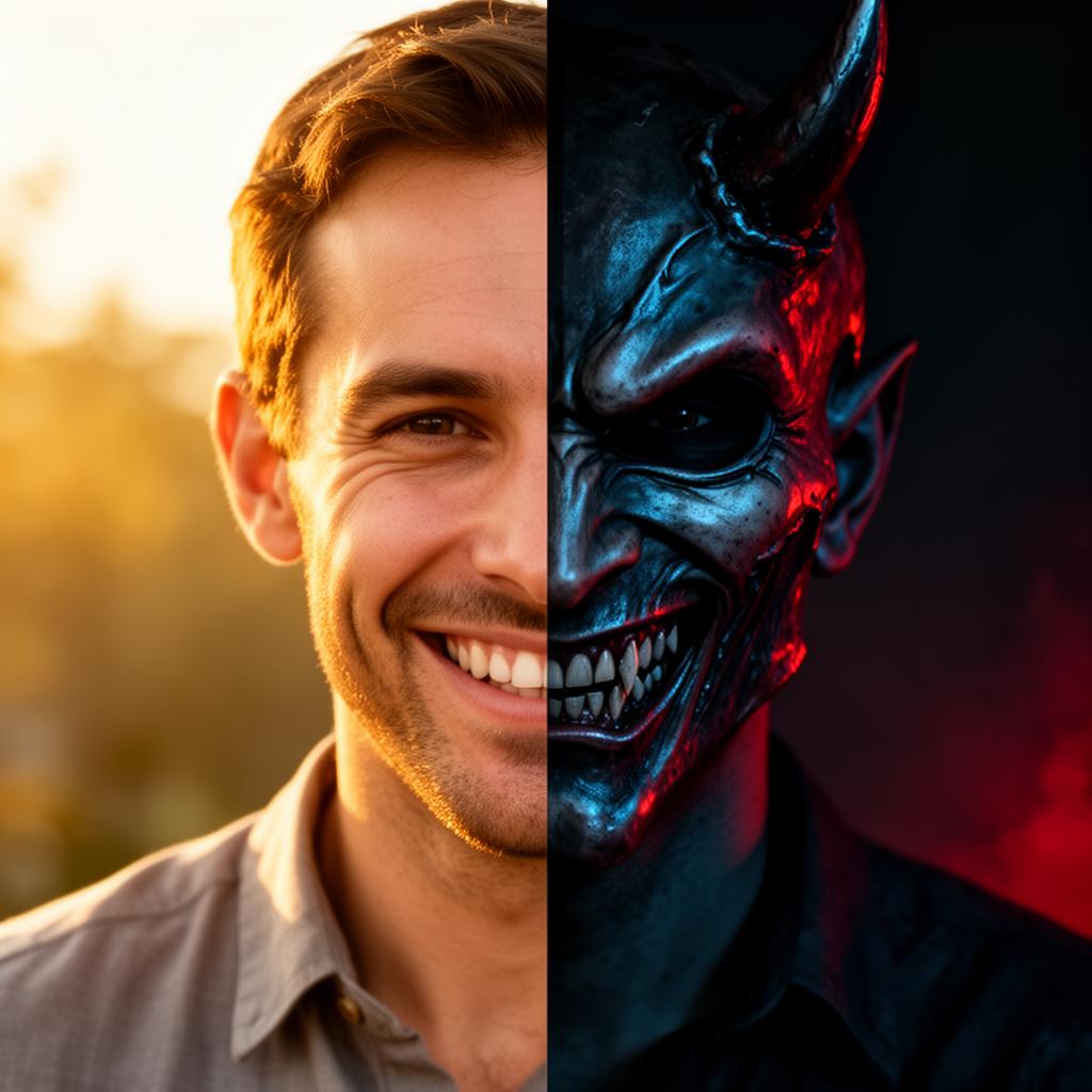 A man wearing a half devil mask hiding his identity while holding a forged credit report — illustrating rental application fraud