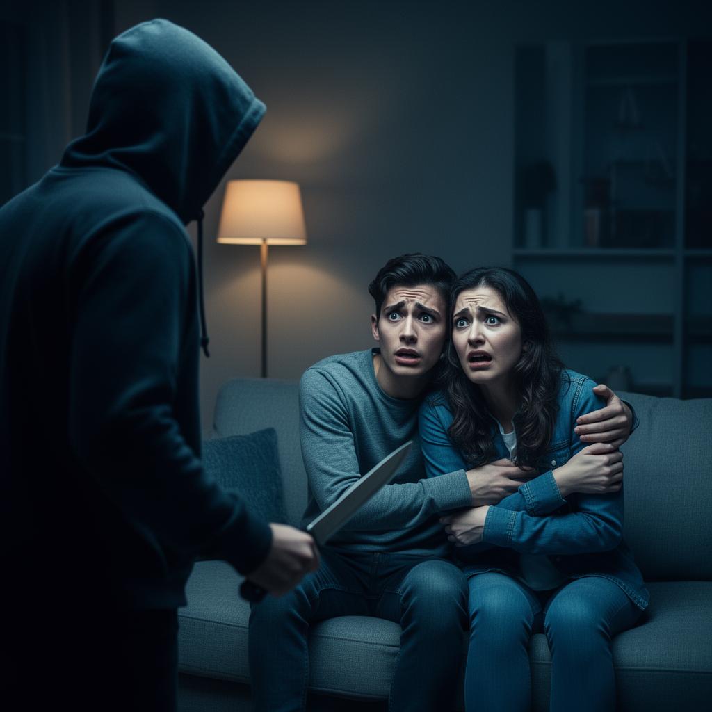 A frightened couple confronted by an intruder in their home — illustrating why photo-ID verified showings matter