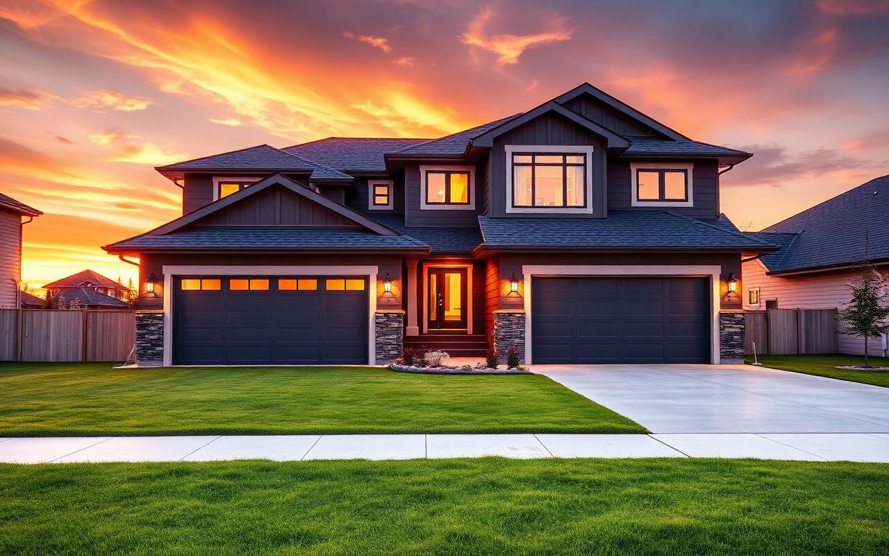 Modern Edmonton suburban family home at golden hour with double garage