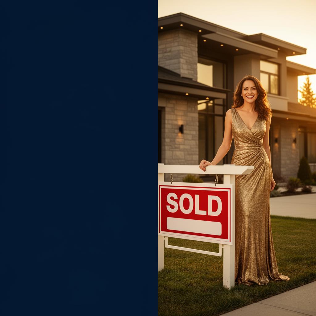 Elegant Canadian woman in gold dress next to a SOLD sign with SellSmart
